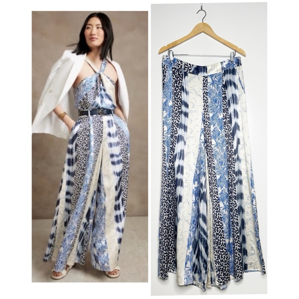 Banana Republic Blue Print 100% Silk Belay Ultra Wide Leg Pants Size 8